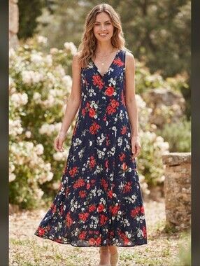 Gayla Bentley Floral Sleeveless Maxi Smock Dress Navy Red White